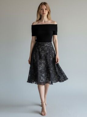 Anne Carson Silk Skirt A-Line Flowy Black Tan Sheer Overlay Lined Size 8